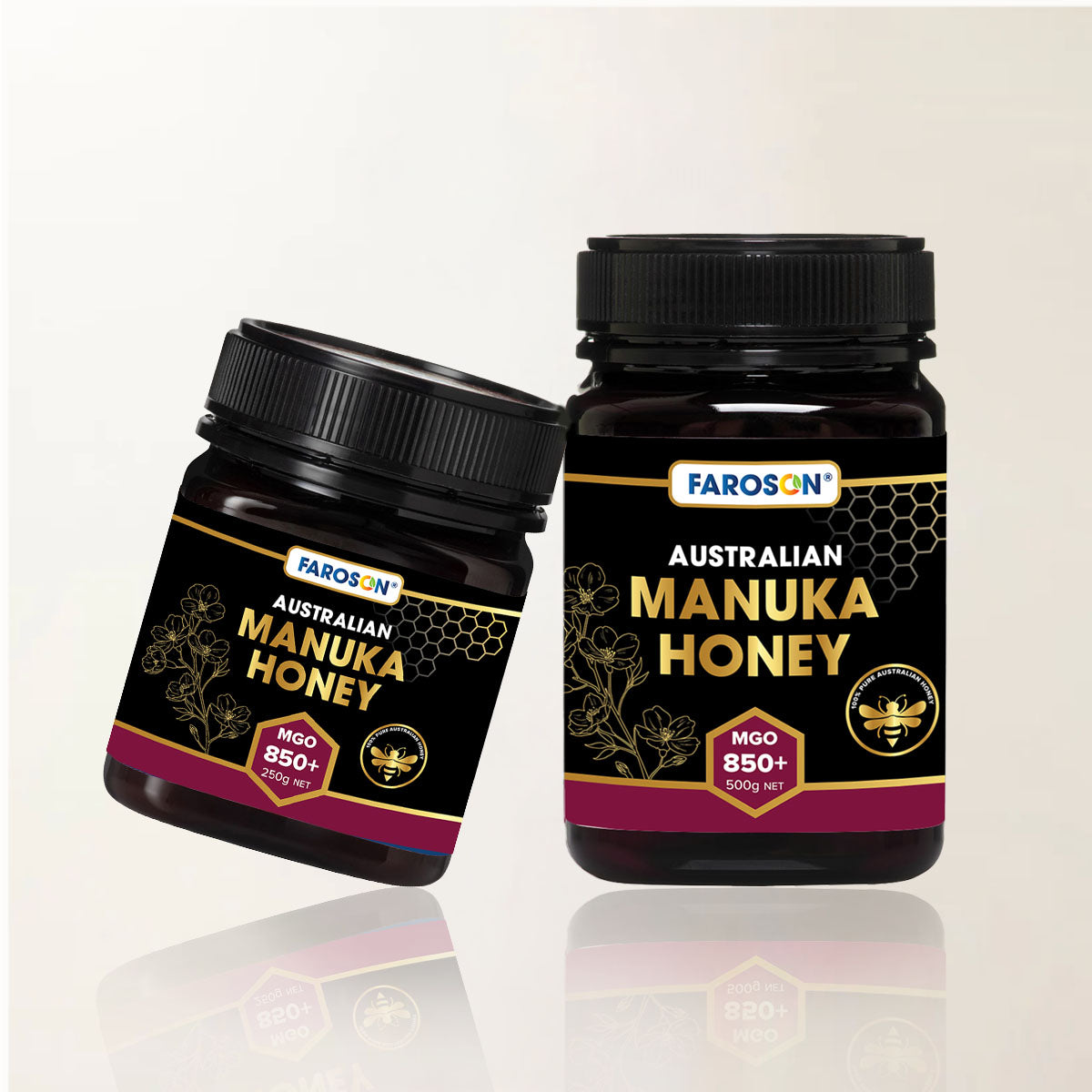 Two jars of Farason Australian Manuka Honey on a white background