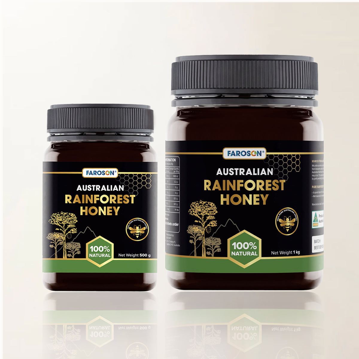 Two jars of Farason Australian Rainforest Honey on a white background