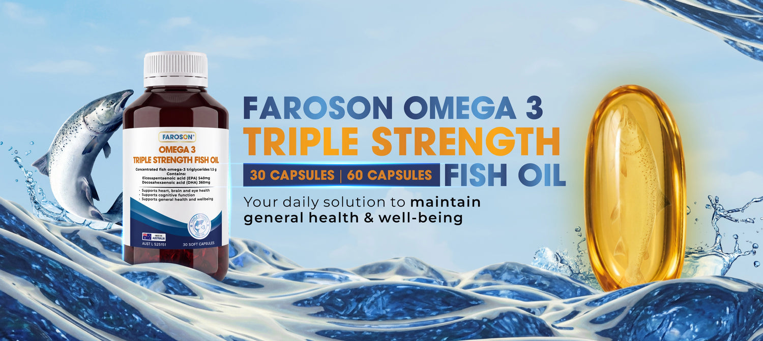 Faroson Omega 3 Triple Strength Fish Oil packaging with a fish and capsule illustration on a blue wave background.