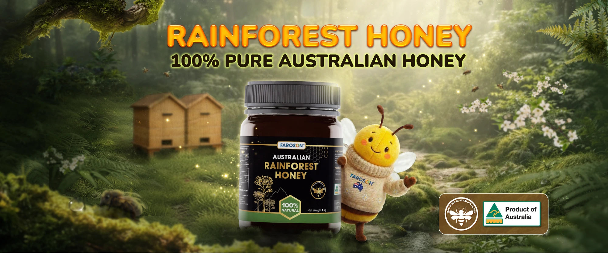 Rainforest Honey jar with a bee character and Australian honey bee logo in a forest setting