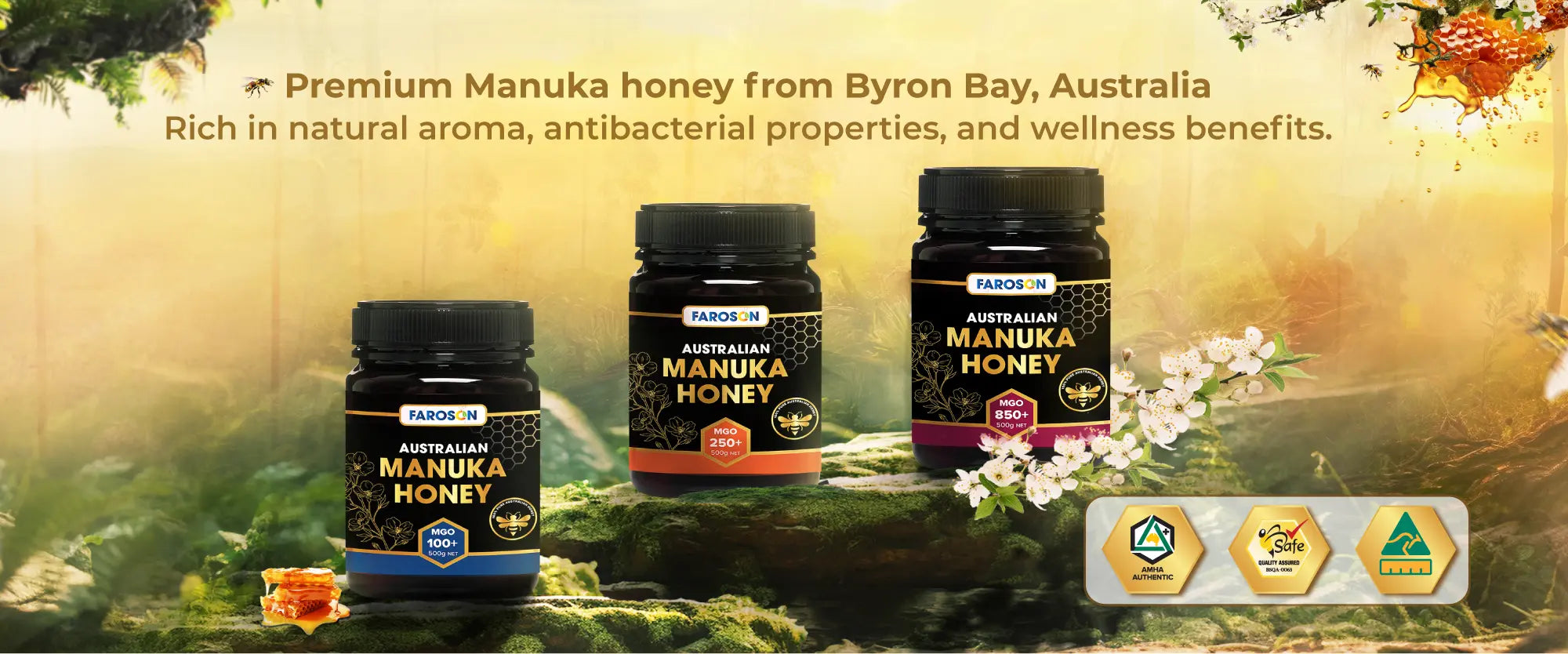 Premium cold-extracted monofloral Faroson Manuka honey from Byron Bay, Australia. Rich in natural aroma, antibacterial properties, and wellness benefits.