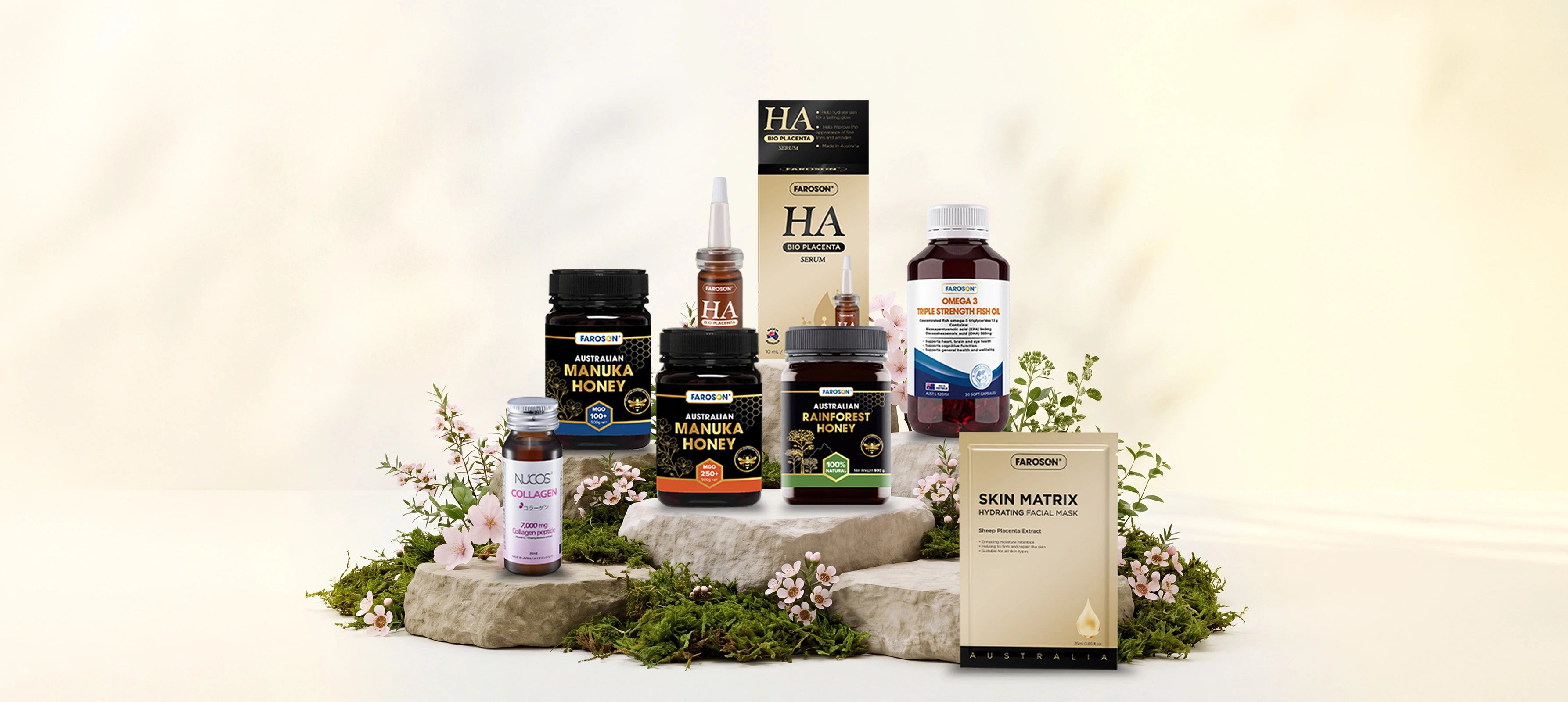 Collection of Faroson's health and wellness products, including honey, supplements, and skincare items, on a natural surface with plants and flowers.