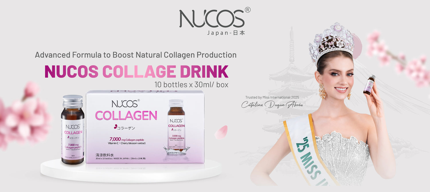 Nucos Collagen Drink packaging with a model wearing a sash and tiara on a light background