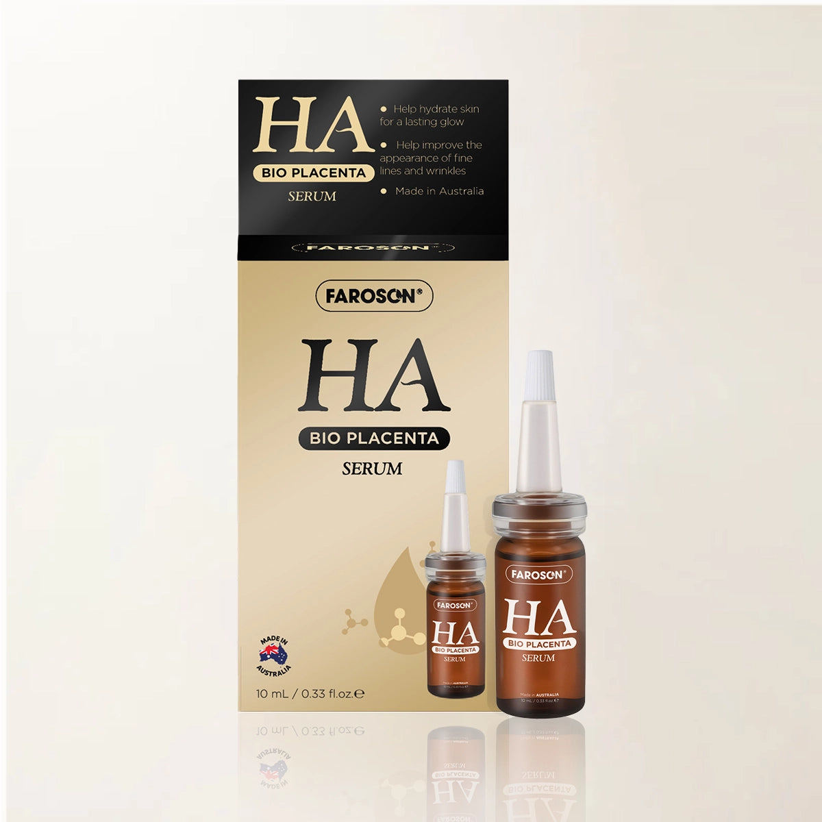 Farason HA Bio Placenta Serum packaging and bottles on a beige background