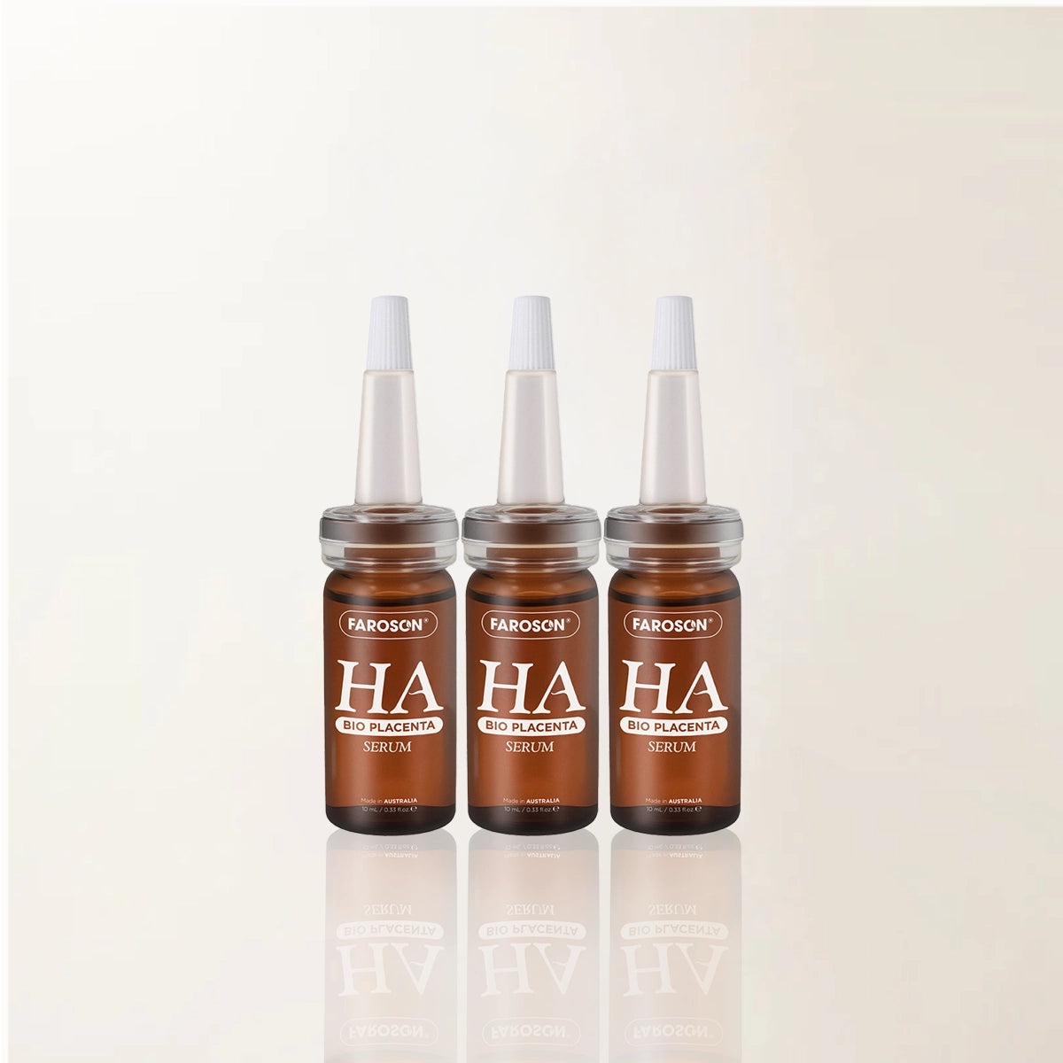 Three bottles of Farason HA Bio Placenta Serum on a white background