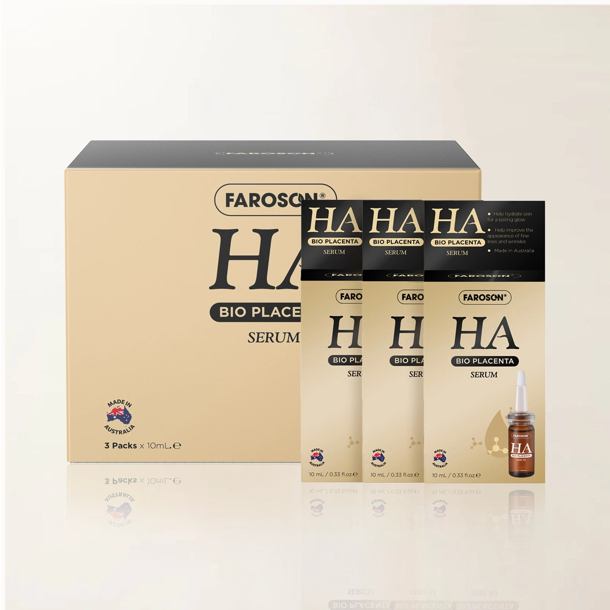 Farason HA Bio Placenta Serum packaging on a light beige background