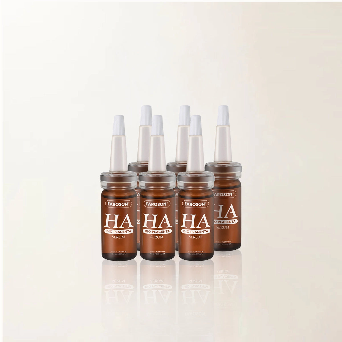 Set of Faroson HA serum bottles on a light beige background
