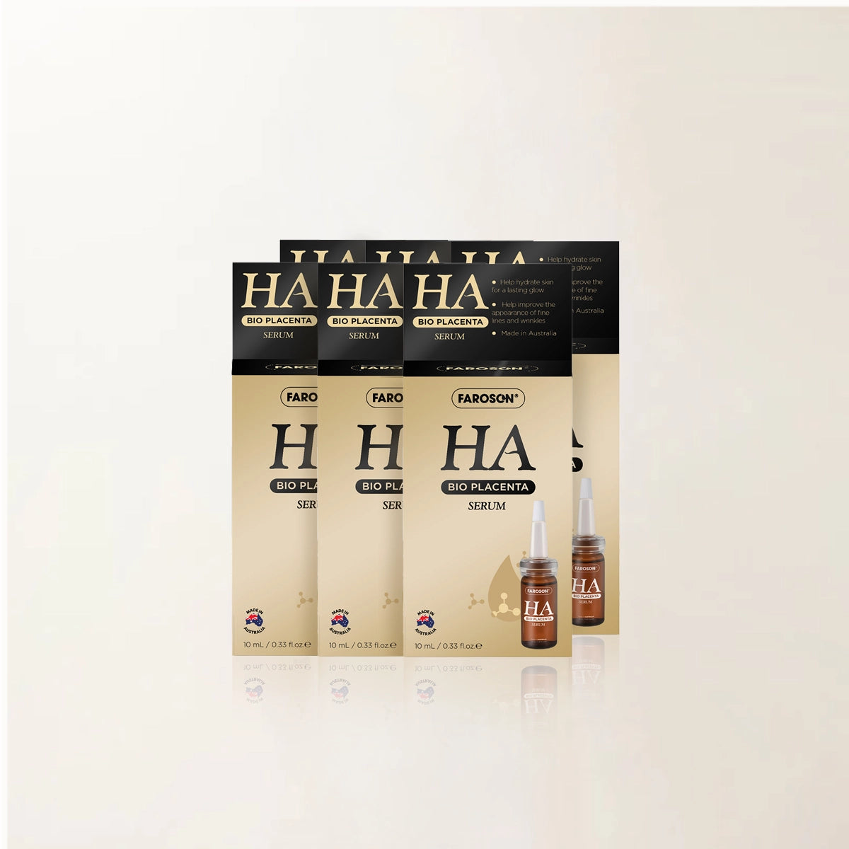Packaging of Faroson HA serum with boxes and bottles on a beige background