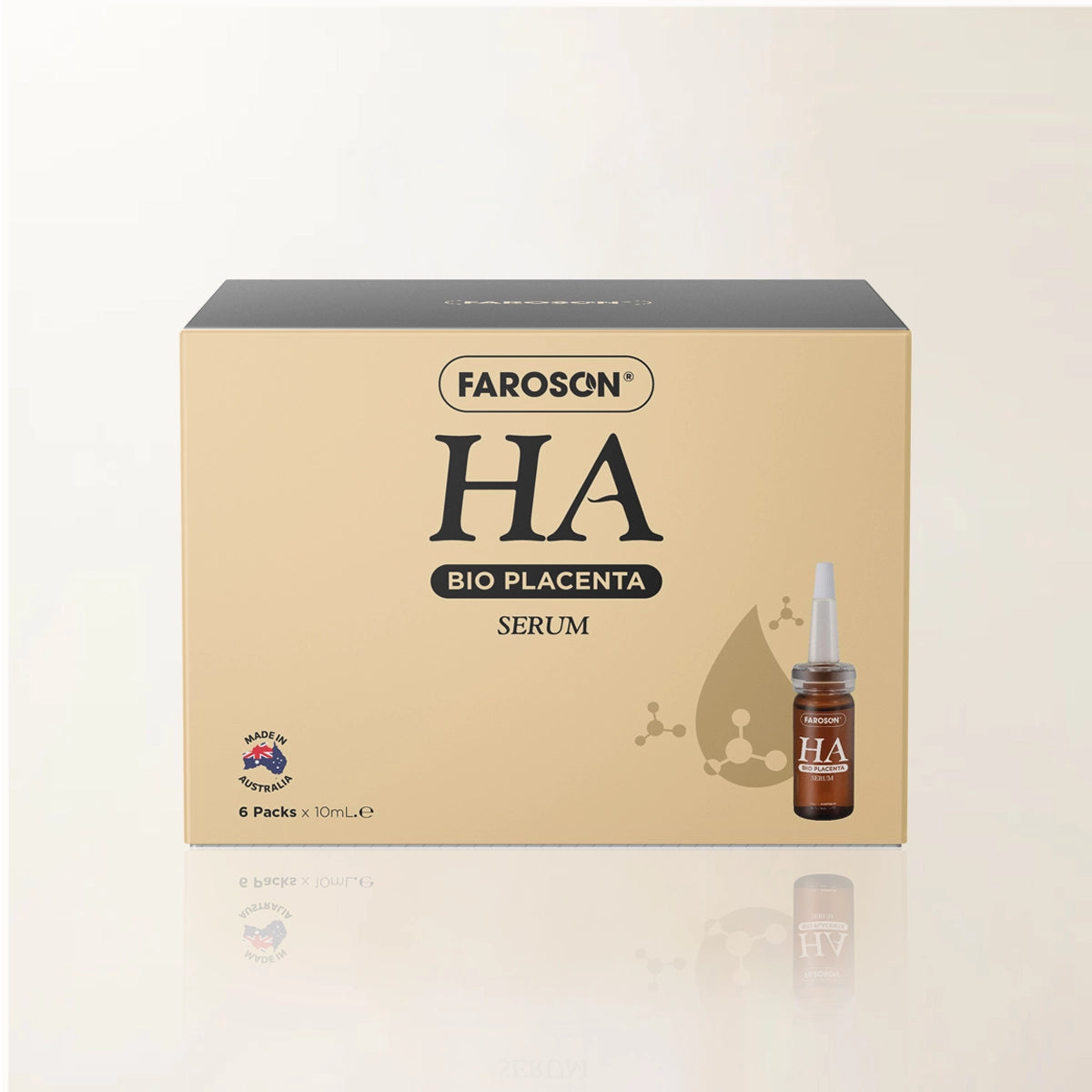 Box of Farason HA Bio Placenta Serum with a dropper on a beige background