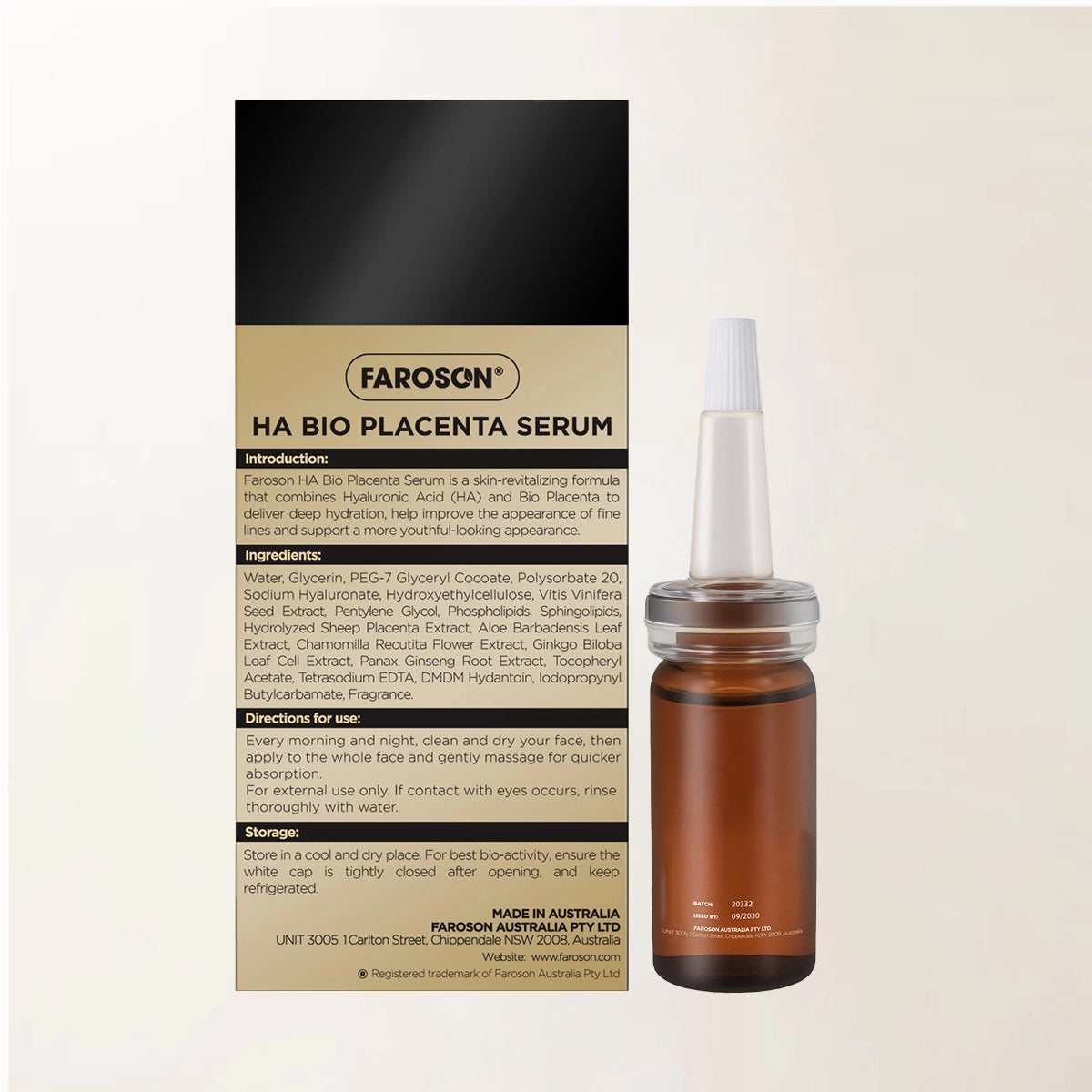Farason HA Bio Placenta Serum bottle and packaging on a light beige background