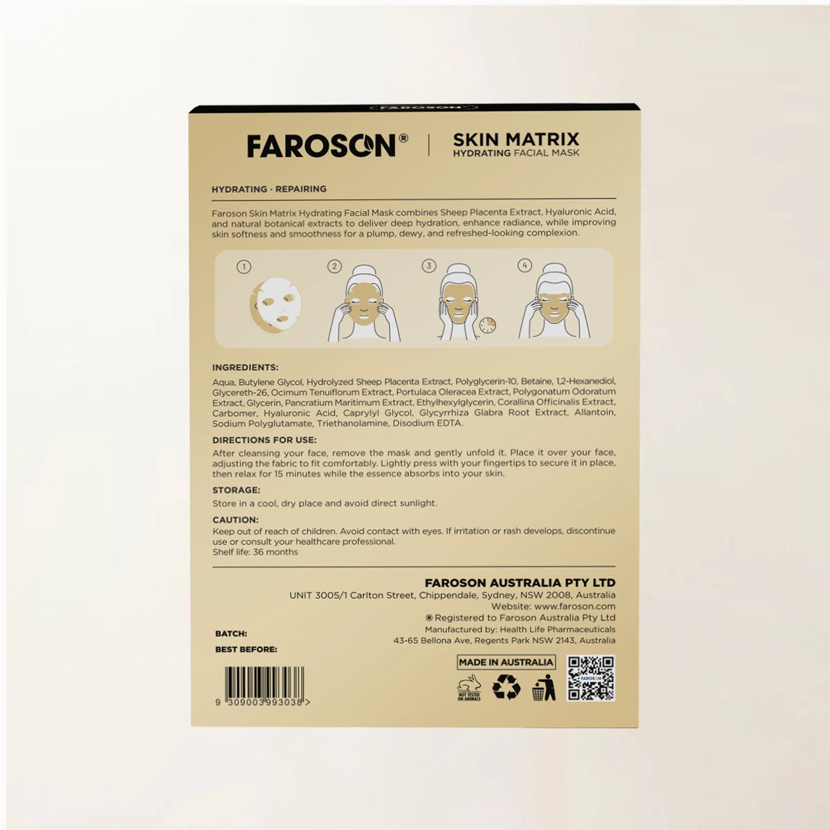 Faroson Skin Matrix Hydrating Facial Mask packaging with product details on a beige background