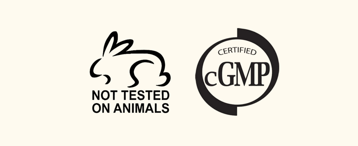 Logos indicating 'Not Tested on Animals' and 'cGMP Certified' on a white background