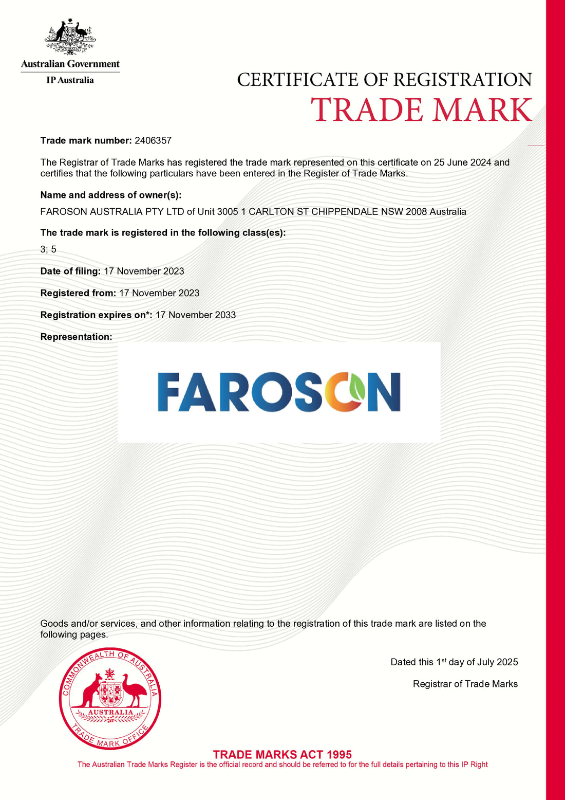 Certificate of Registration for a trade mark with FAROSCON AUSTRALIA branding.