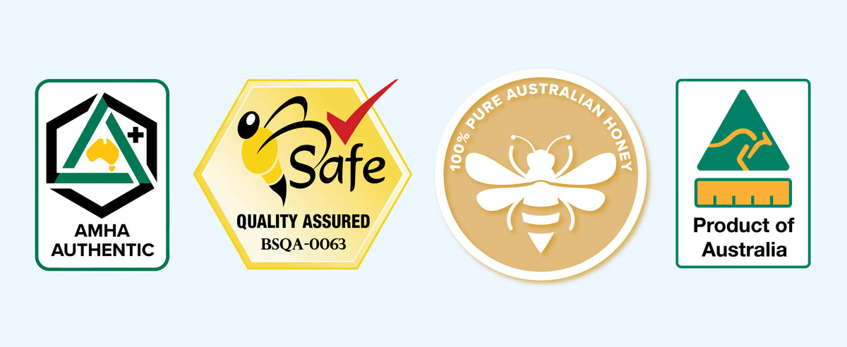 Four logos representing authenticity, quality assurance, honey purity, and product origin of Faroson Honey.