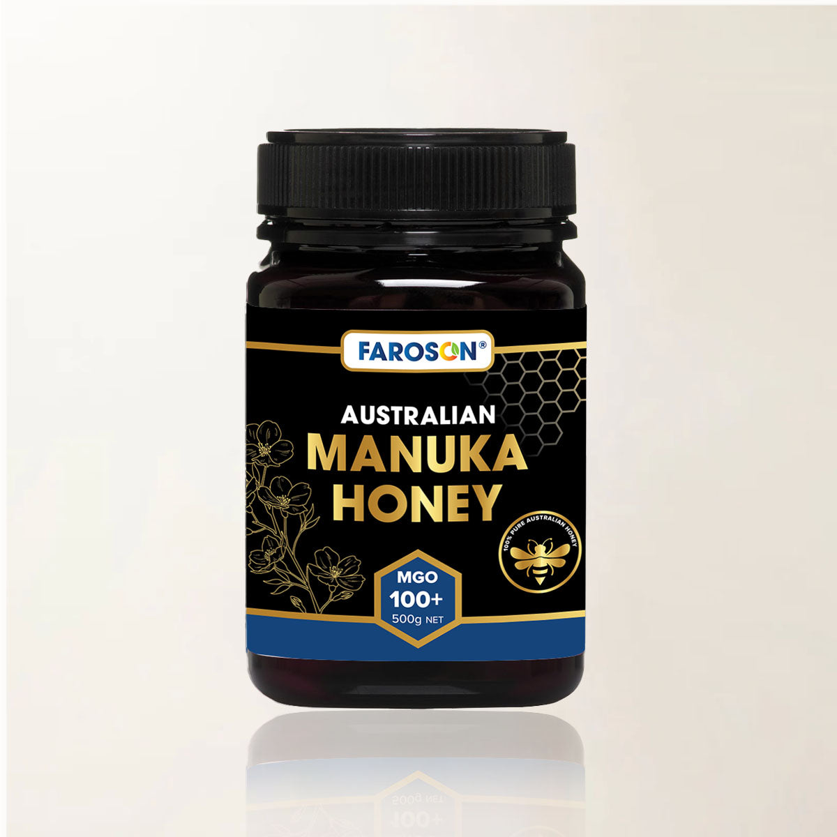 Jar of Farason Australian Manuka Honey on a light beige background