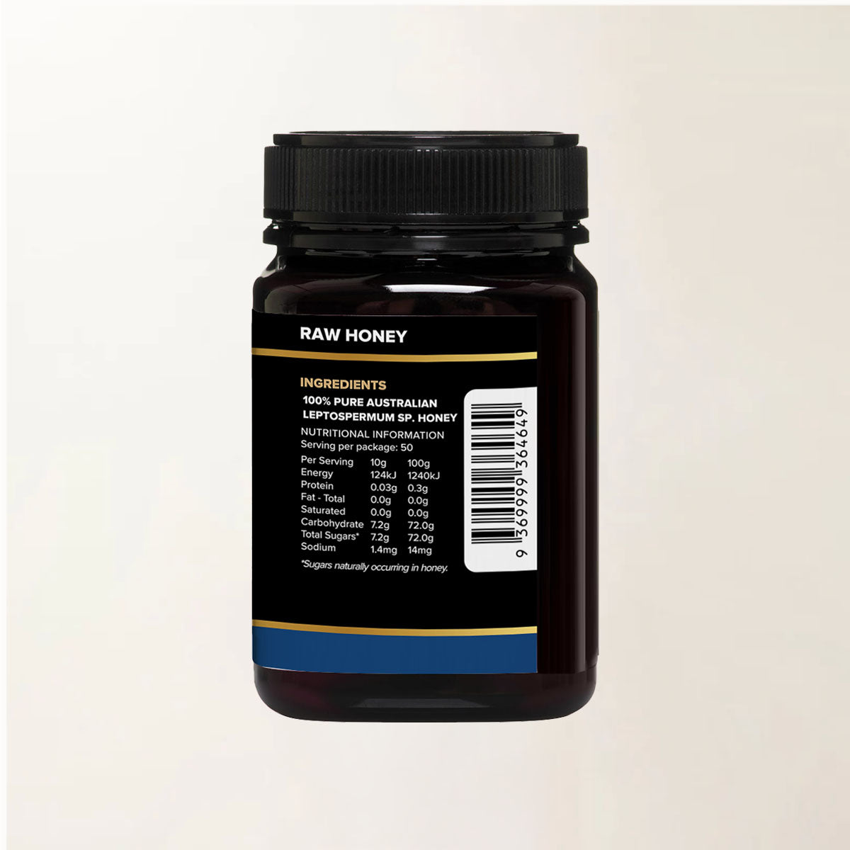 Faroson_Australian_Manuka_Honey_MGO100_Nutrition_Information_Panel with a light  gold background