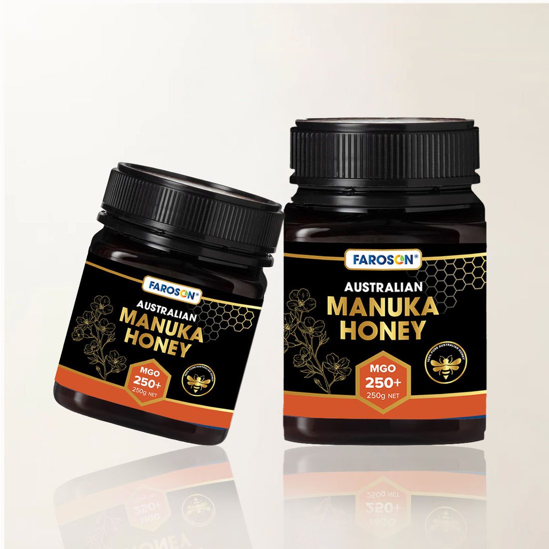 Two jars of Farason Australian Manuka Honey on a white background