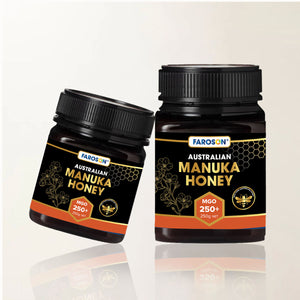 Two jars of Farason Australian Manuka Honey on a white background