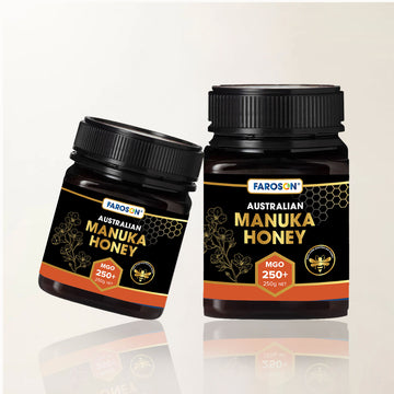 Two jars of Farason Australian Manuka Honey on a white background