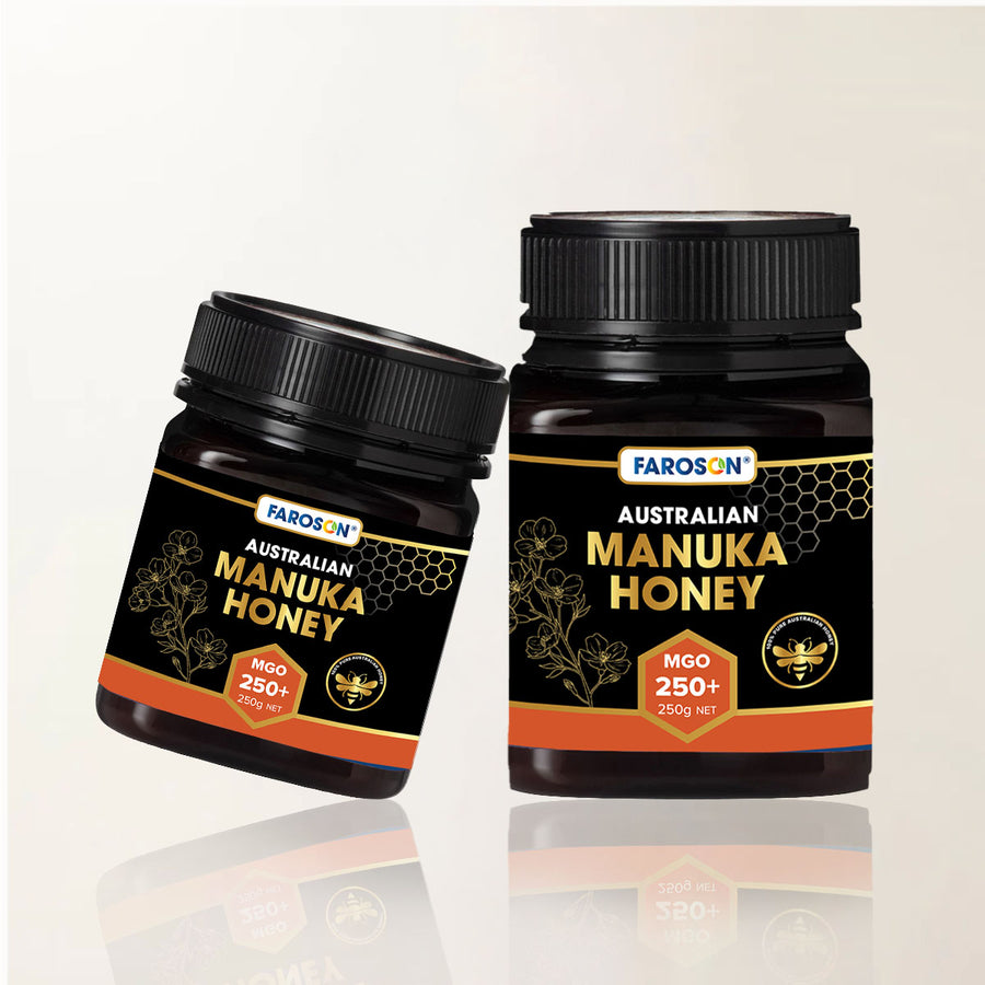Two jars of Farason Australian Manuka Honey on a white background