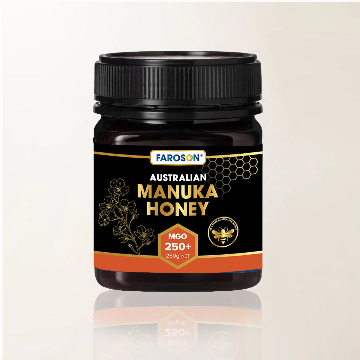 Jar of Faroson Australian Manuka Honey on a light beige background