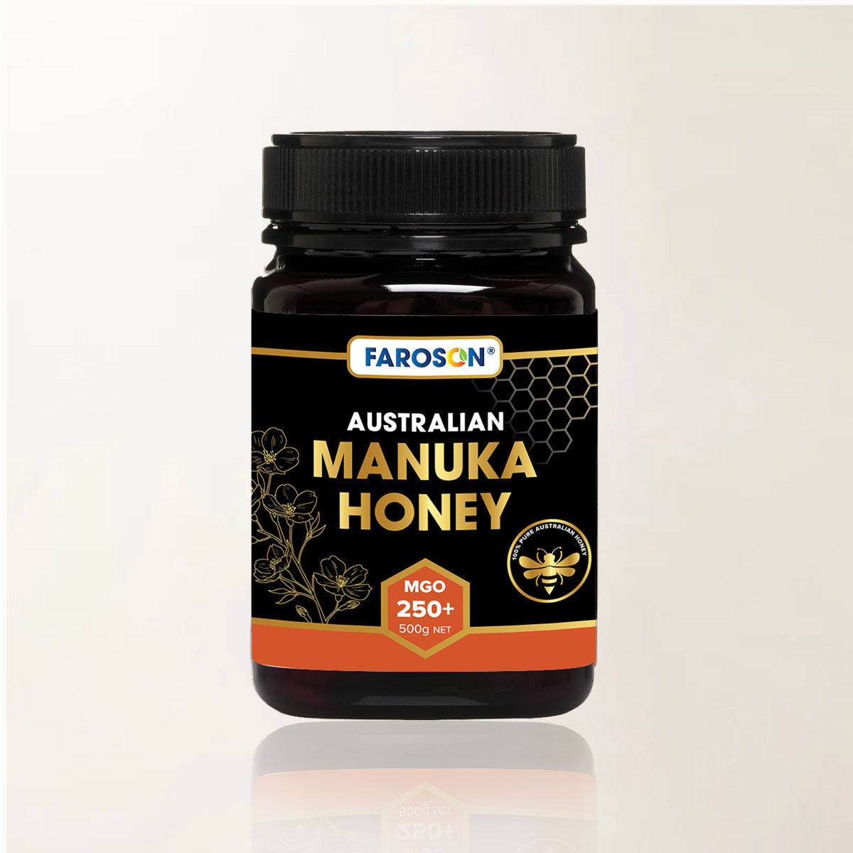 Jar of Farason Australian Manuka Honey on a light beige background