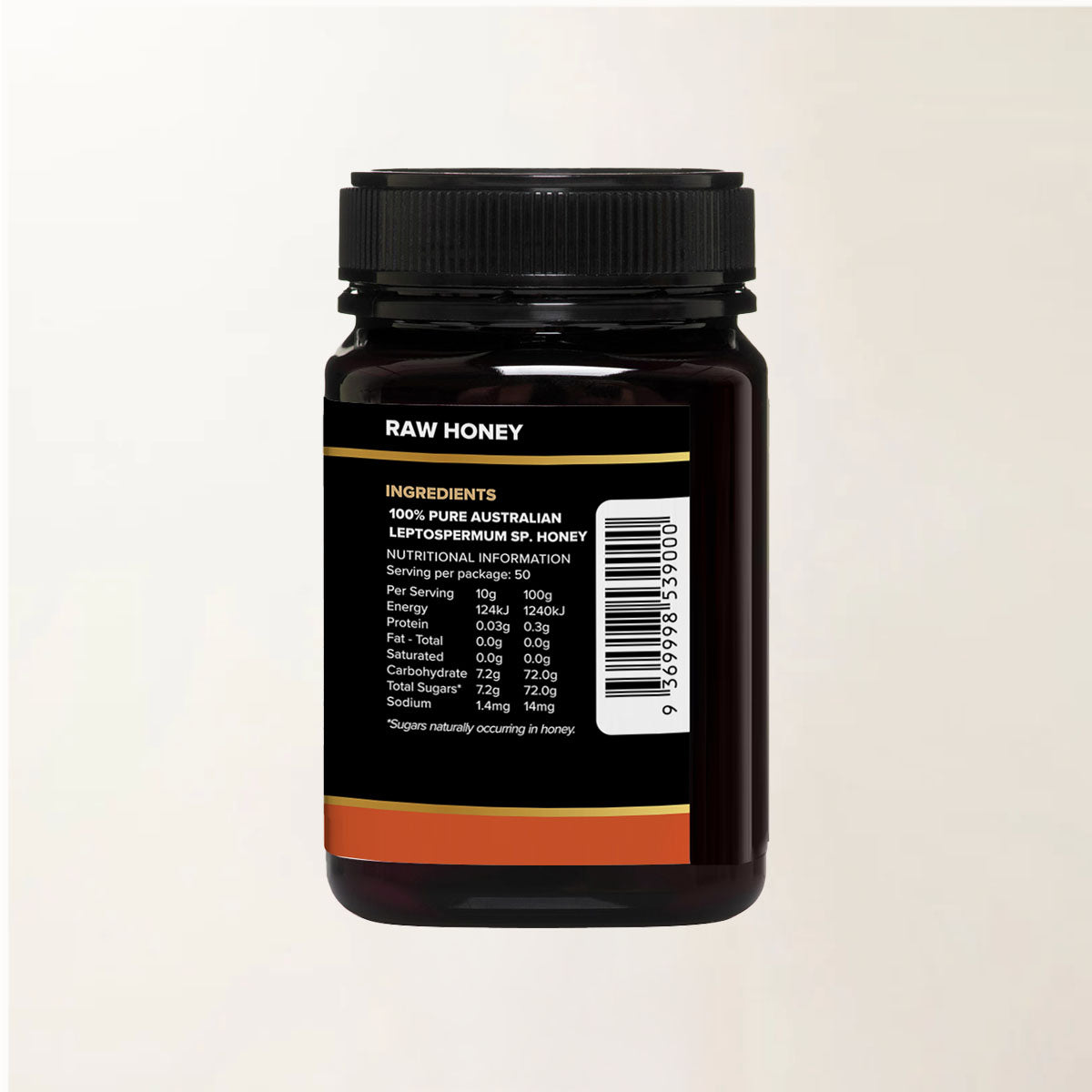 Jar of raw honey with Nutrition Information Panel label on a white background