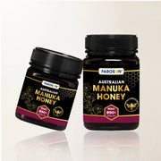 Two jars of Farason Australian Manuka Honey on a white background