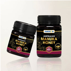 Two jars of Farason Australian Manuka Honey on a white background