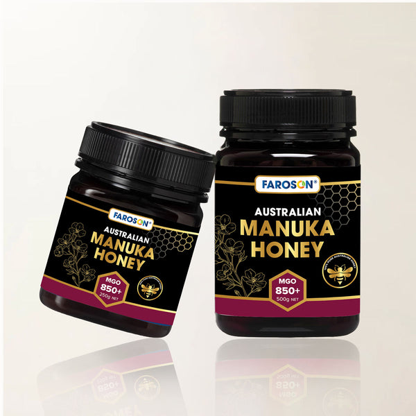 Two jars of Farason Australian Manuka Honey on a white background