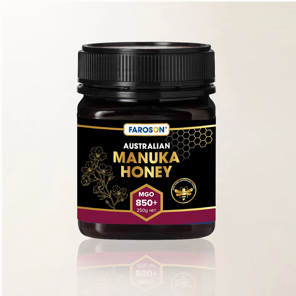 Jar of FaroSon Australian Manuka Honey on a light beige background