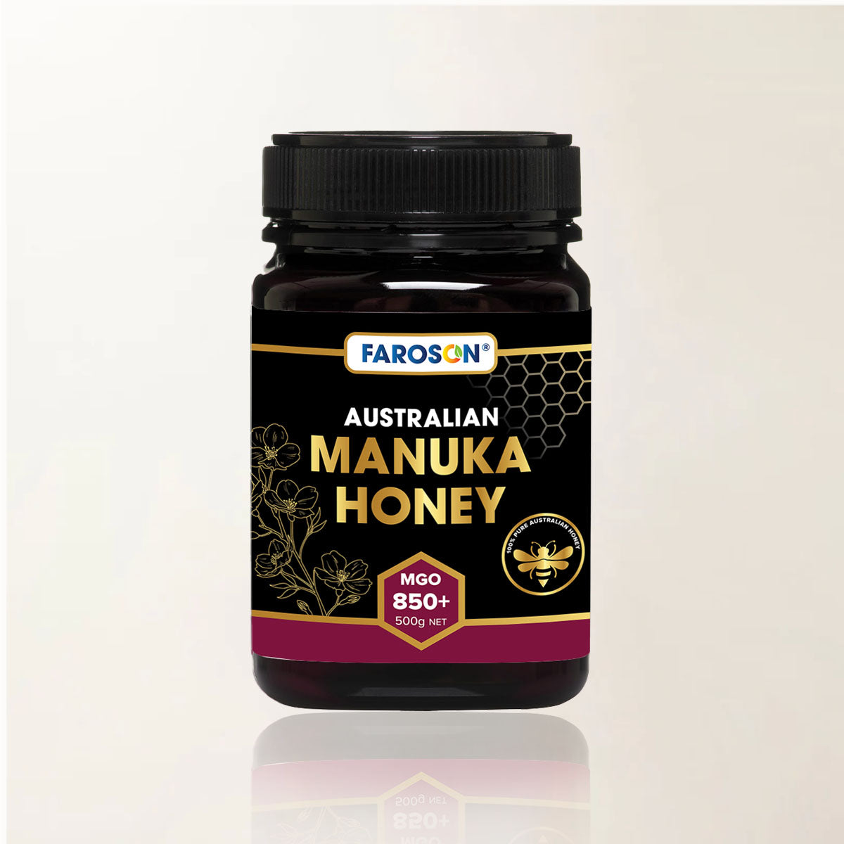 Jar of Farason Australian Manuka Honey on a light beige background