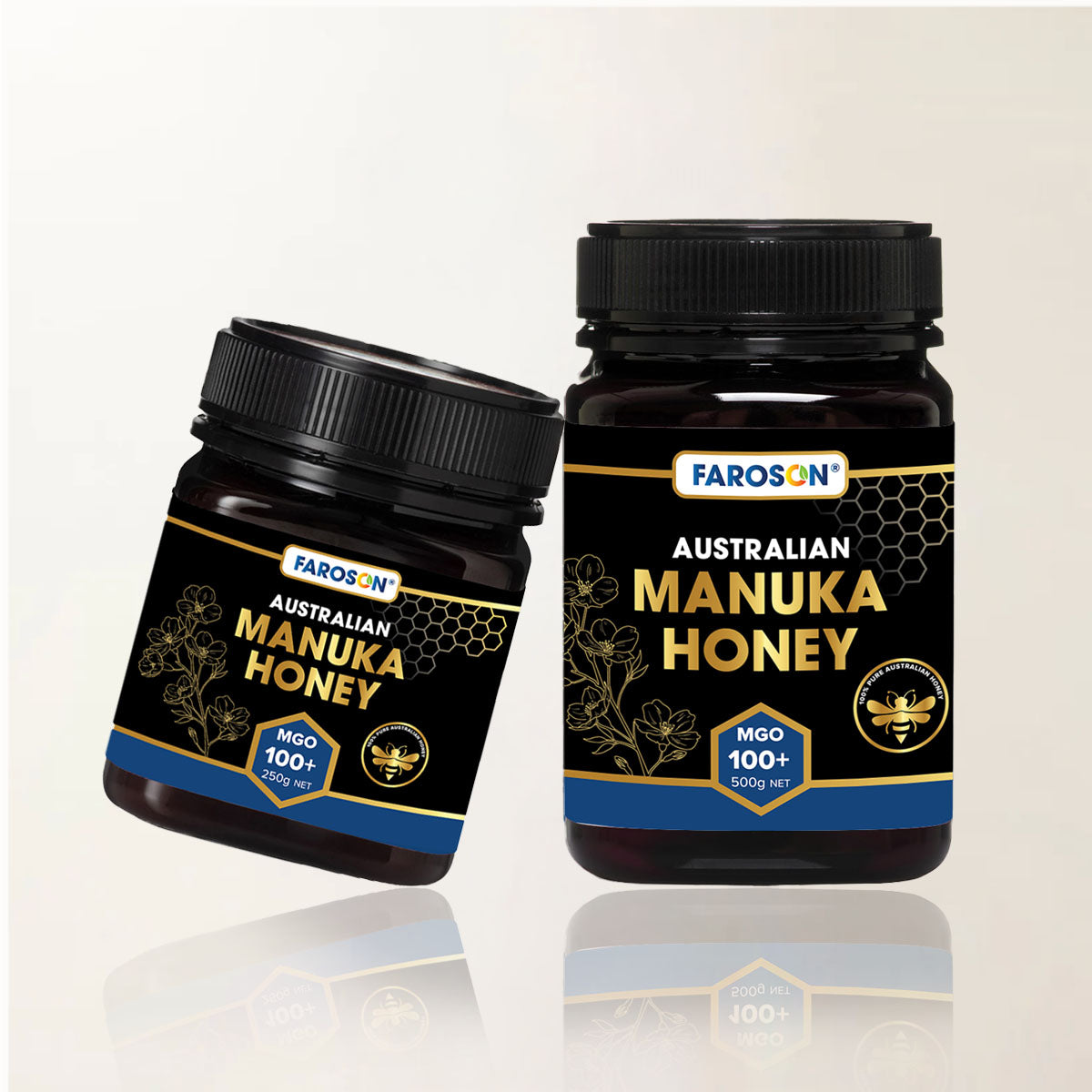 Two jars of Farason Australian Manuka Honey on a gold background
