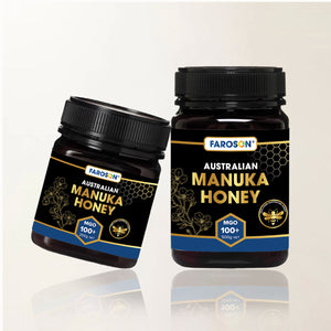 Two jars of Farason Australian Manuka Honey on a gold background