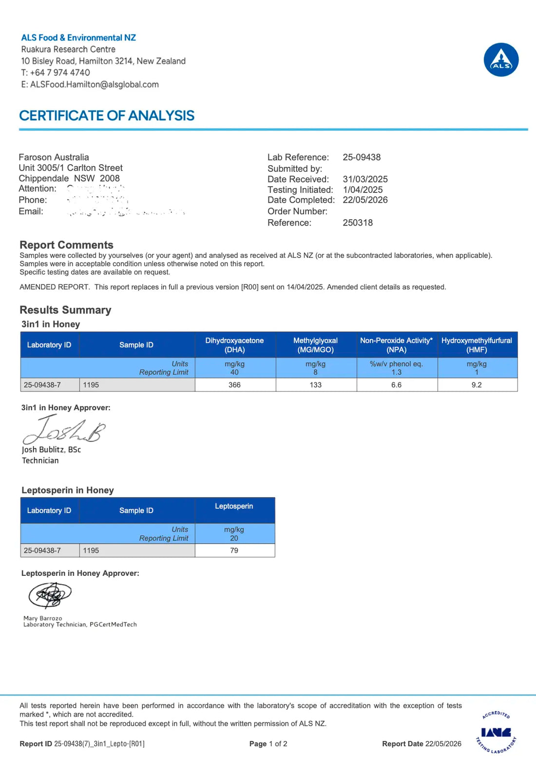 ALS Food & Environmental NZ Certificate of Analysis confirming the tested MGO content and quality standards of Faroson Manuka Honey MGO 100.