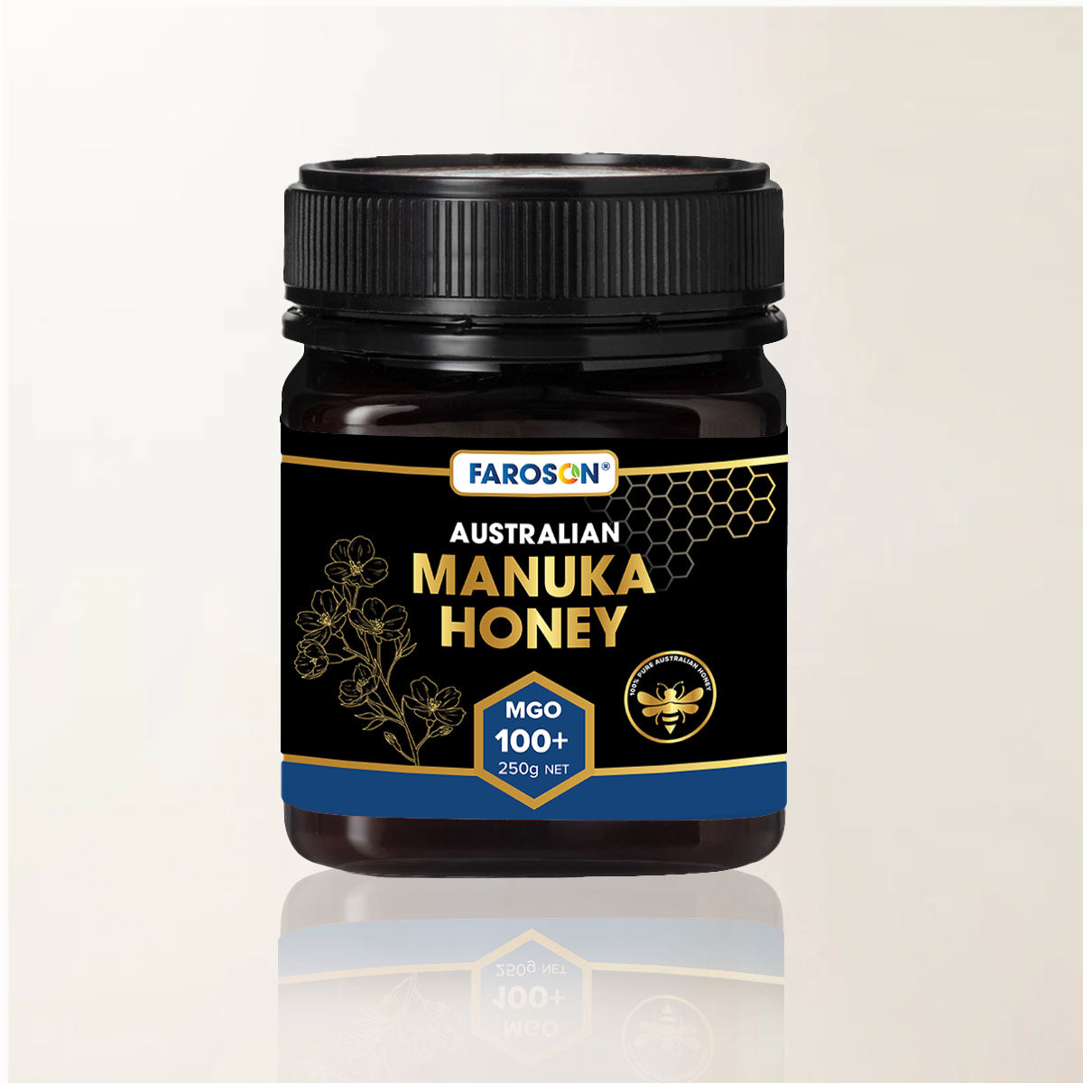 Jar of FaroSon Australian Manuka Honey on a light beige background