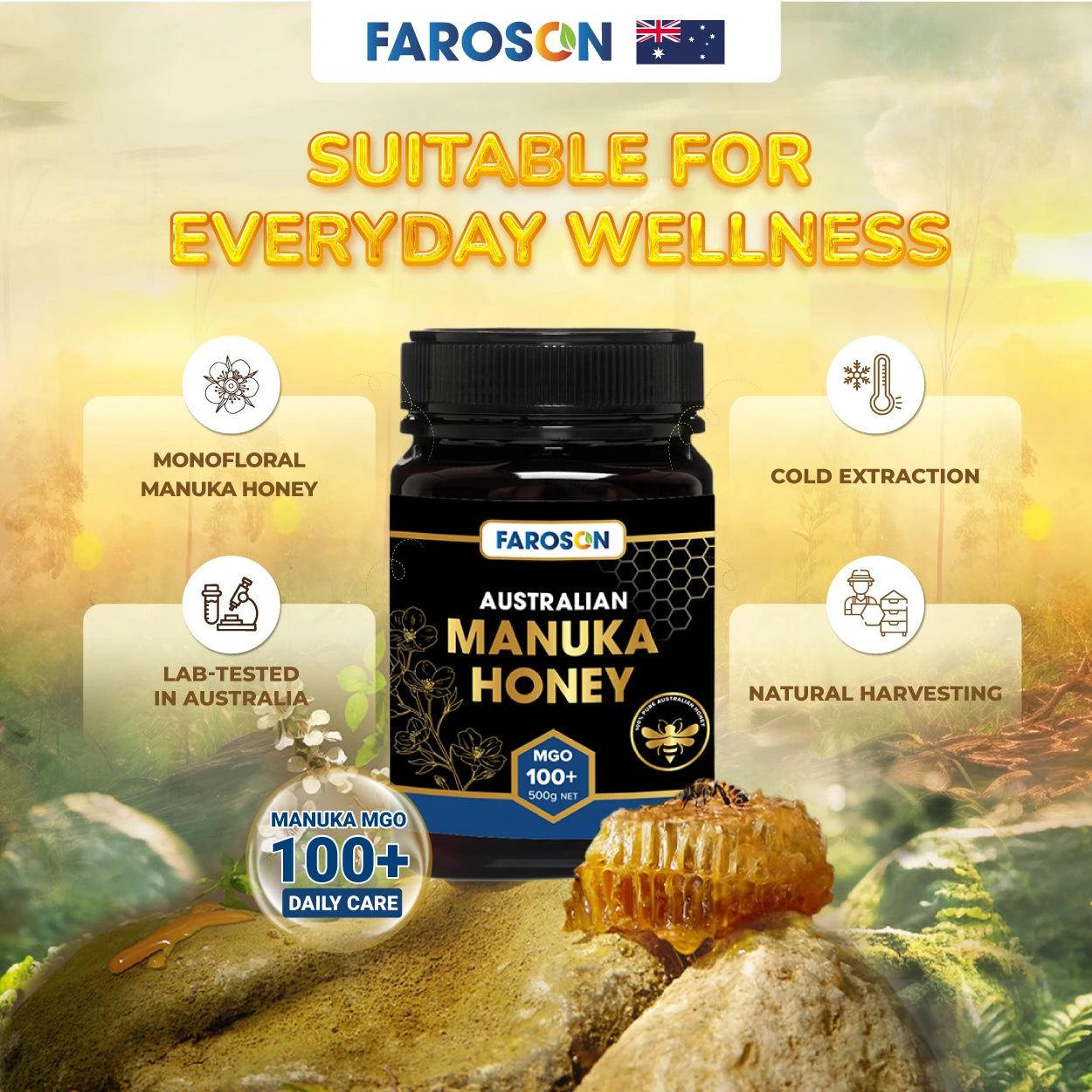 Farson Australian Manuka Honey bottle with honeycomb on a natural background