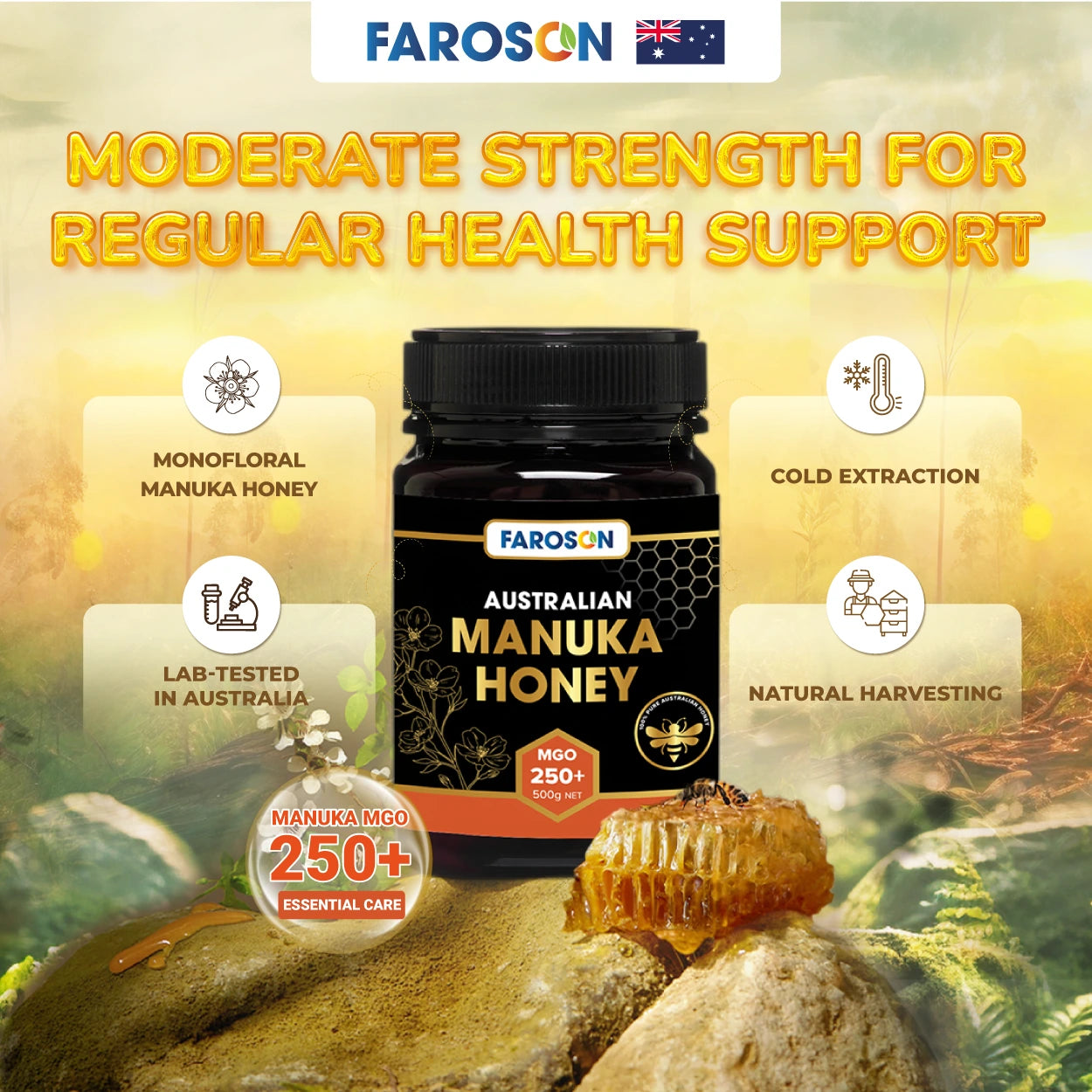 Farson Australian Manuka Honey bottle with honeycomb and text on a natural background