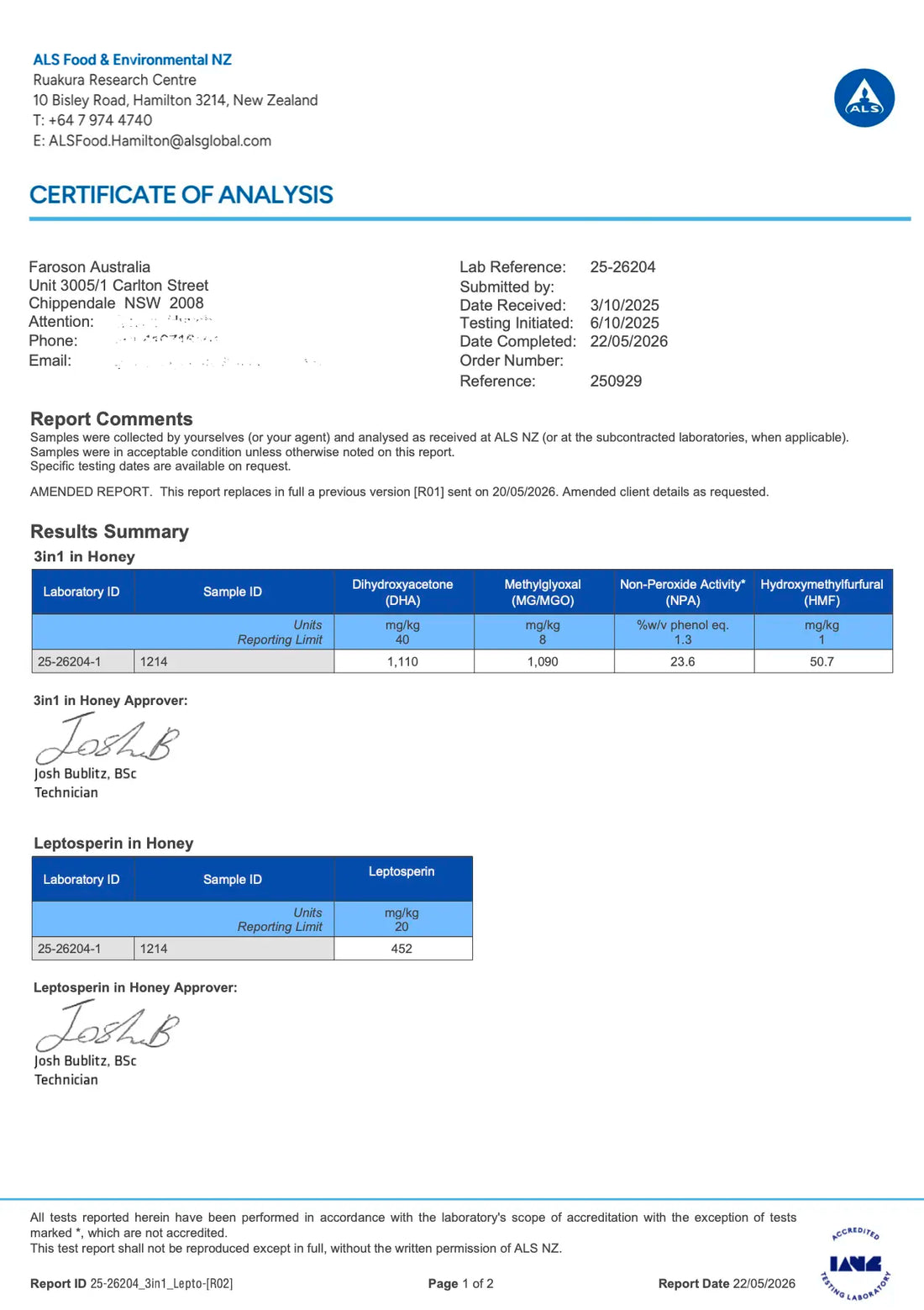 ALS Food & Environmental NZ Certificate of Analysis confirming the tested MGO content and quality standards of Faroson Manuka Honey.