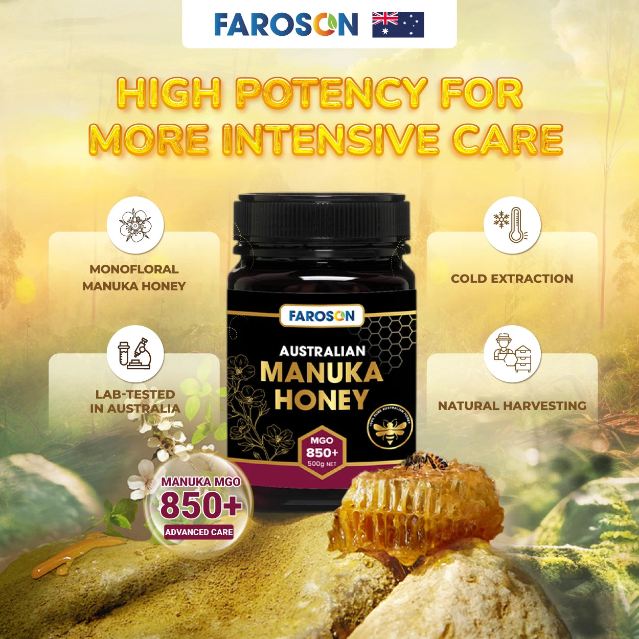 Farason Australian Manuka Honey bottle with product features on a natural background