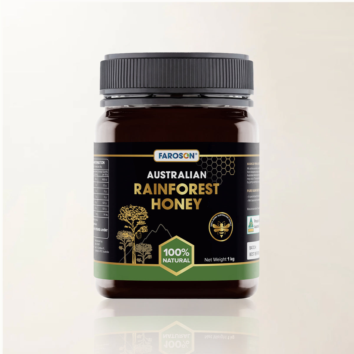 Jar of Farason Australian Rainforest Honey on a light beige background