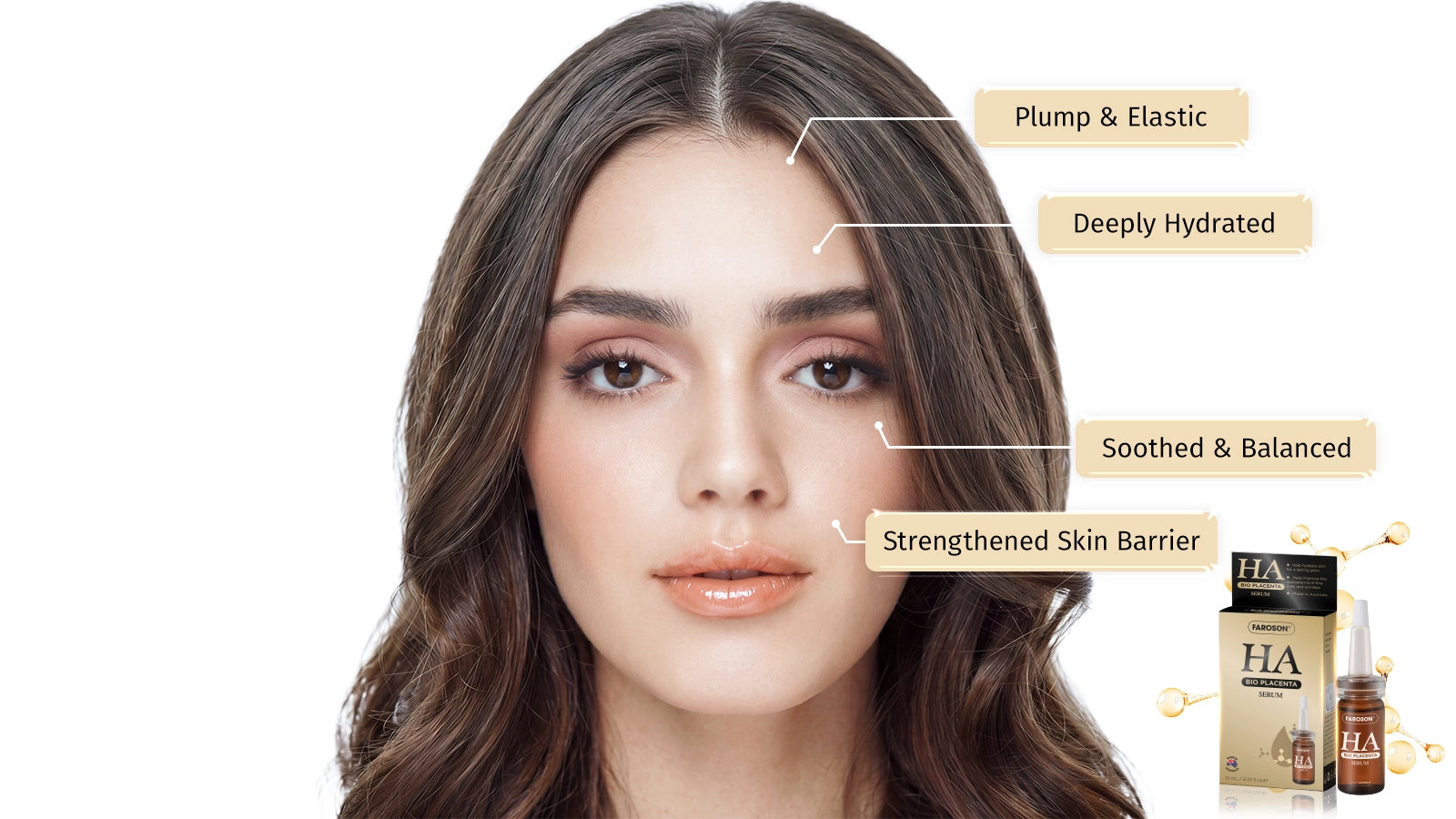Woman with labeled skin benefits and skincare products on a white background