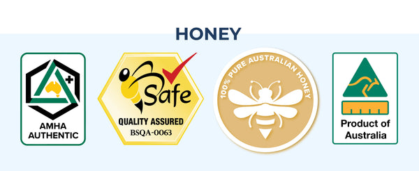 Four honey logos with certification marks on a white background