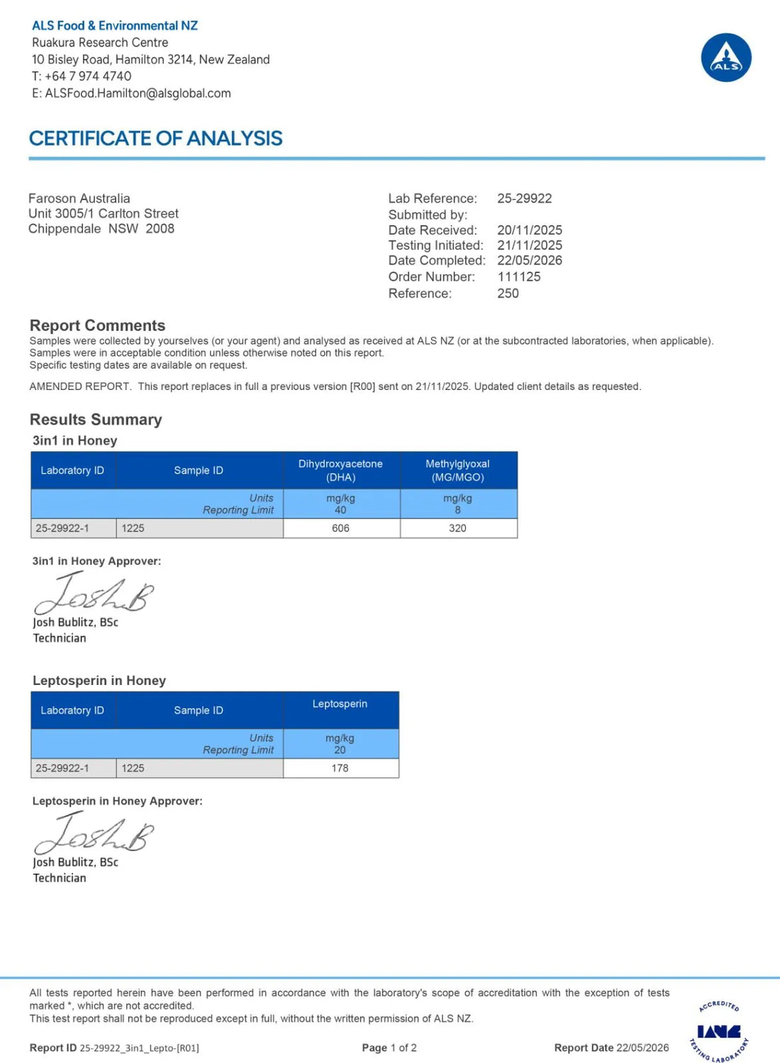 Certificate of Analysis from ALS Food, including full lab details and results confirming Faroson Manuka honey MGO levels.