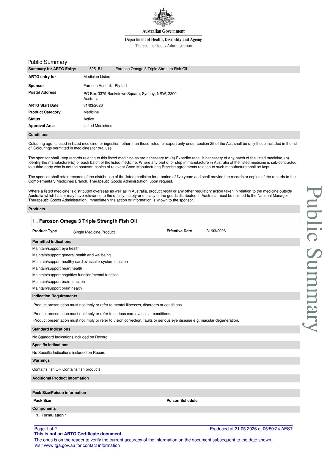 Public Summary document for Faroson's Omega 3 Triple Strength Fish Oil TGA listed.