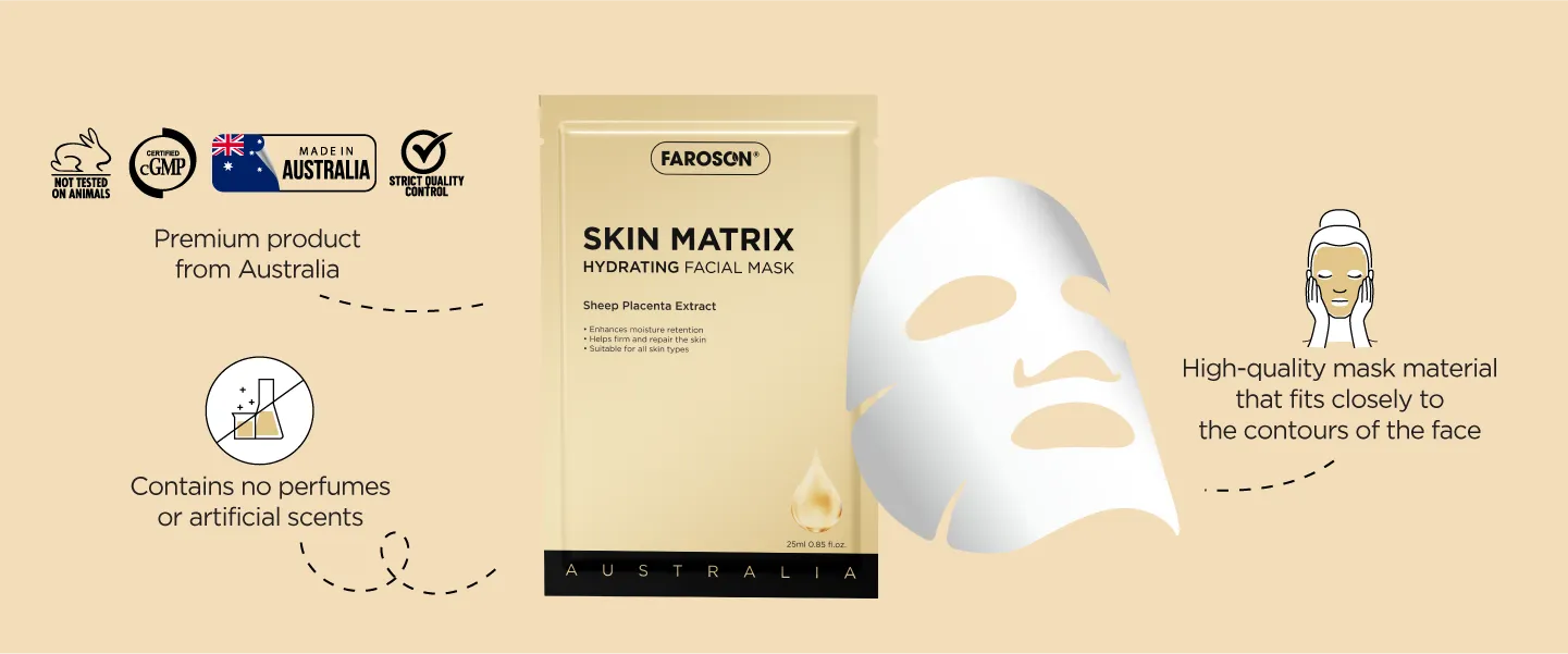 Faron Skin Matrix hydrating facial mask benefits: high quality mask, no perfumes, cruelty free, cGMP certified. 