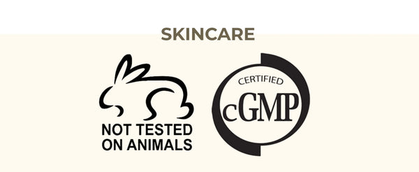 Logos for skincare certification and animal testing policy on a beige background