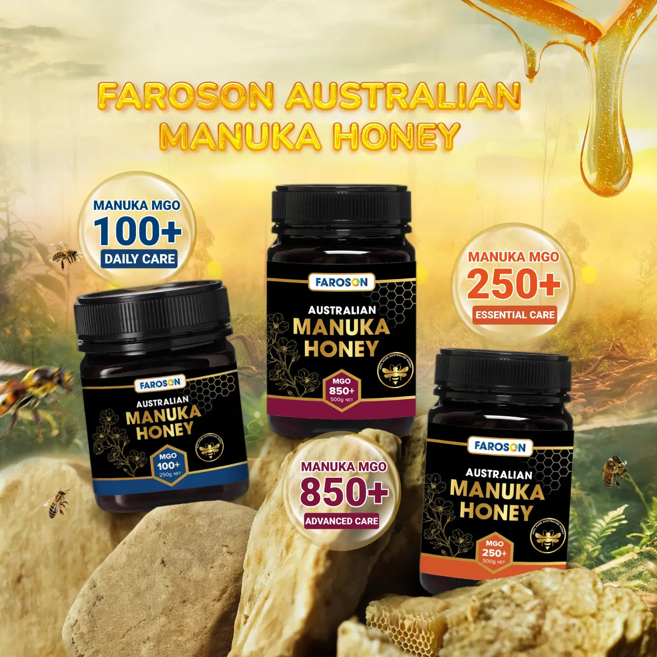 Three bottles of Faroson Australian Manuka Honey with different MGO levels on a honeycomb and bee background.