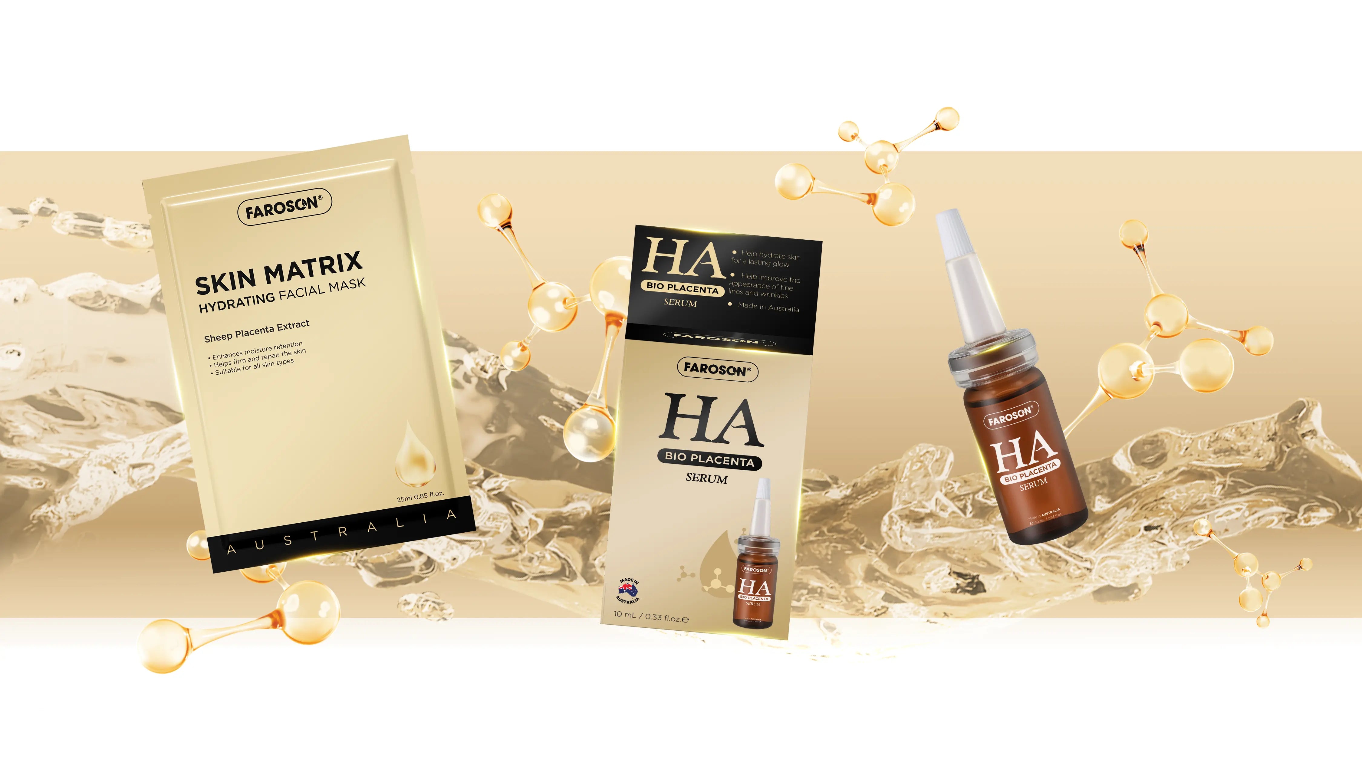 Faroson skincare products including a facial wash sheet and HA serumon a beige background with molecular structures.