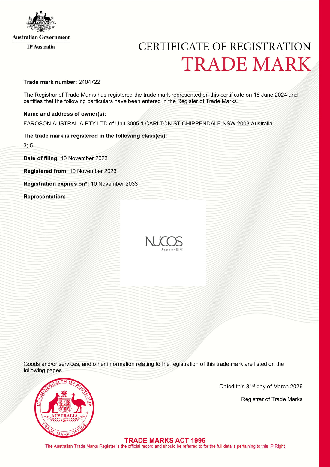 Certificate of Registration for a trade mark with NUCOS branding on a white background.